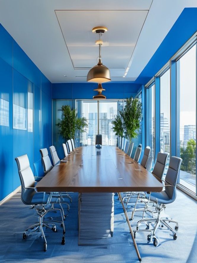 Calm modern office space with team collaboration area, natural light, and wellness-focused design